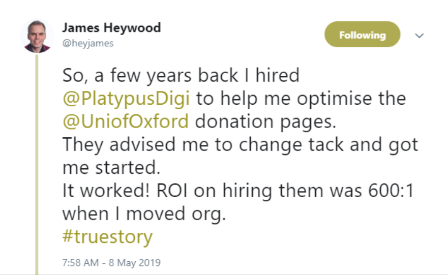 testimonial on the work carried out by platypus for University of Oxford, improving ROI by 600:1