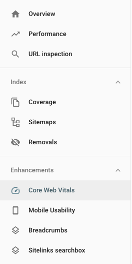 Core web vitals option in Search Console menu