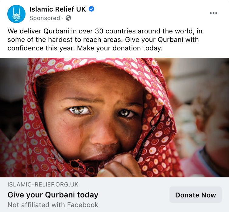 Islamic Relief Qurbani ad - "We deliver Qurbani in over 30 countries, in some of the hardest to reach places. Give your Qurbani with confidence this year. Make your donation today."