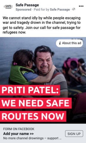 Safe Passage Facebook campaign screenshot