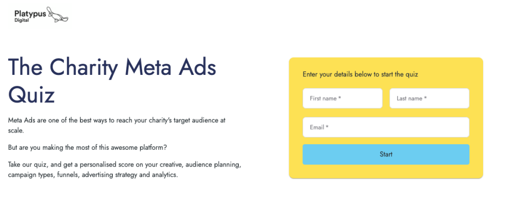 The Meta Ads charity quiz landing page